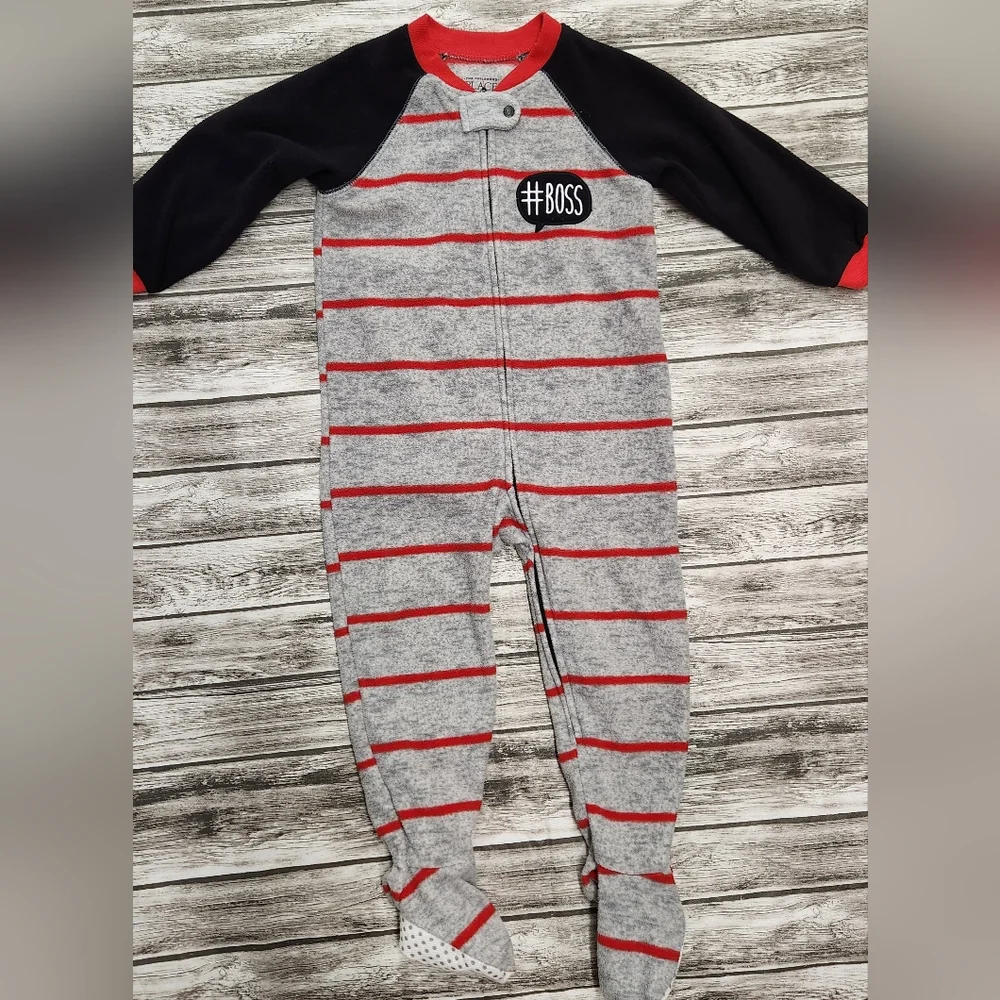 Childrens place grey and red striped #boss zip up footie pajamas